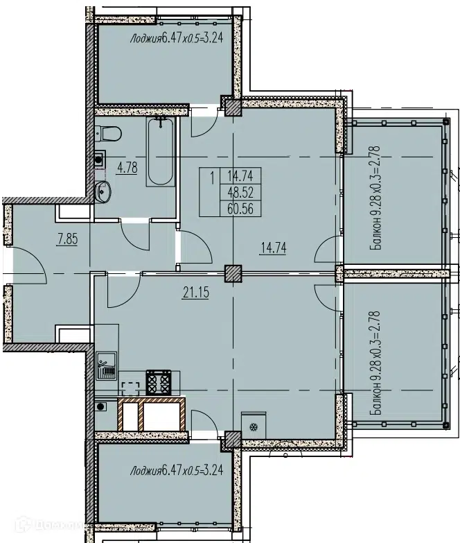 Планировка: 1-комн. квартира 60.56 м² в новостройке Агой-парк