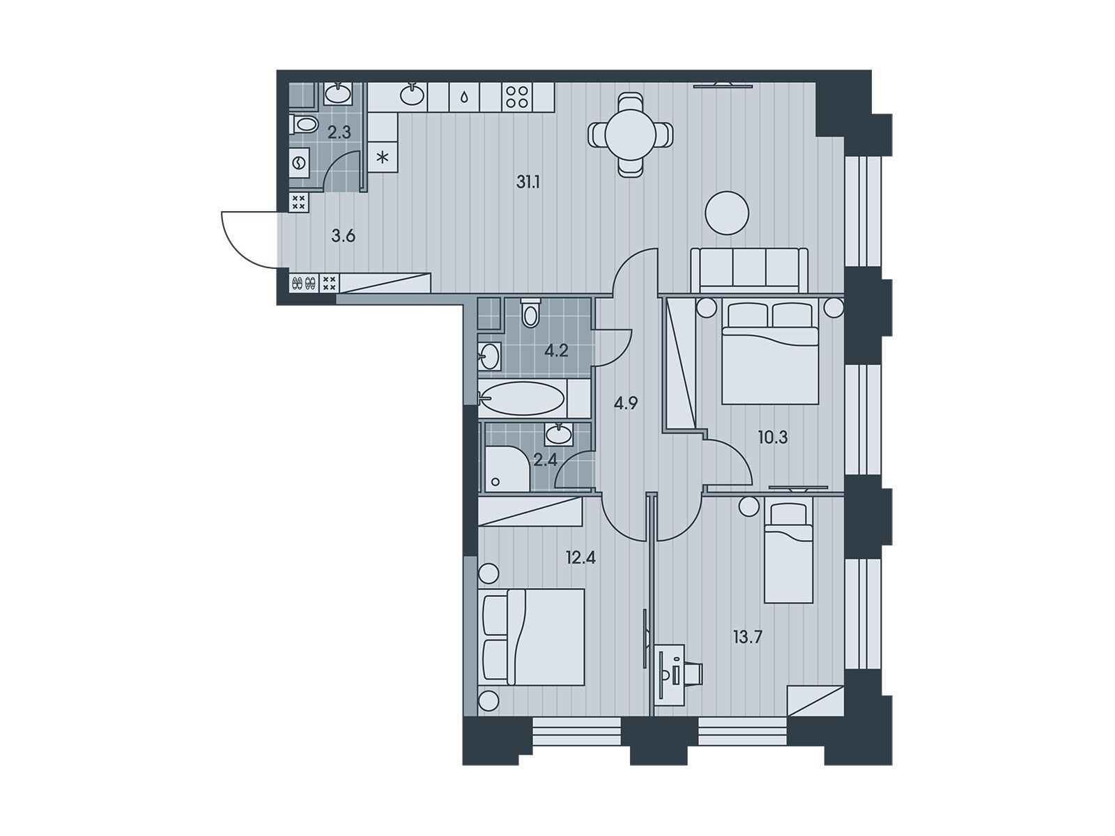 Планировка: 4-комн. квартира 84.90 м² в новостройке Эвер