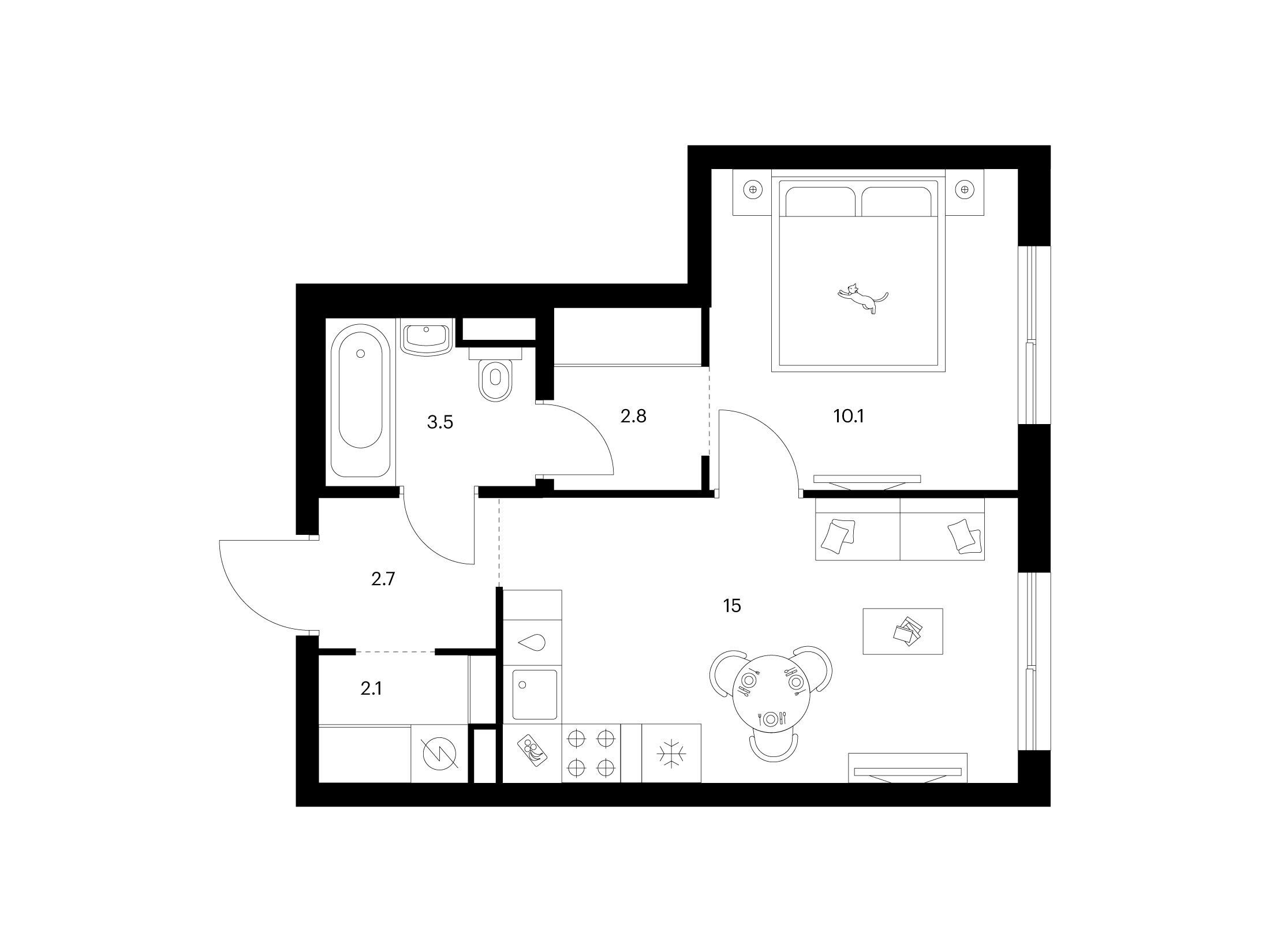 Планировка: 1-комн. квартира 36.20 м² в новостройке Матвеевский парк