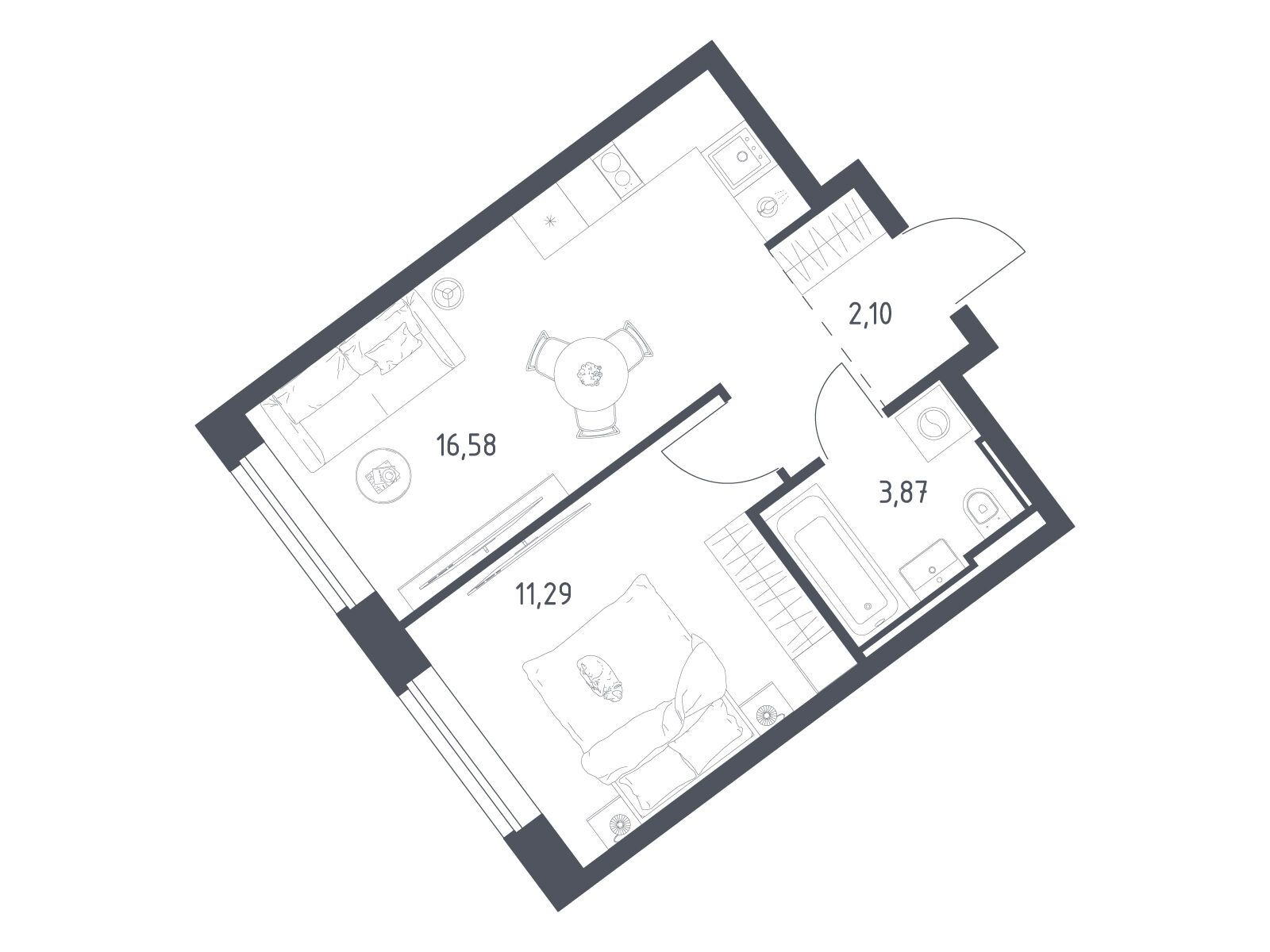 Планировка: 1-комн. квартира 33.84 м² в новостройке Литературный Квартал