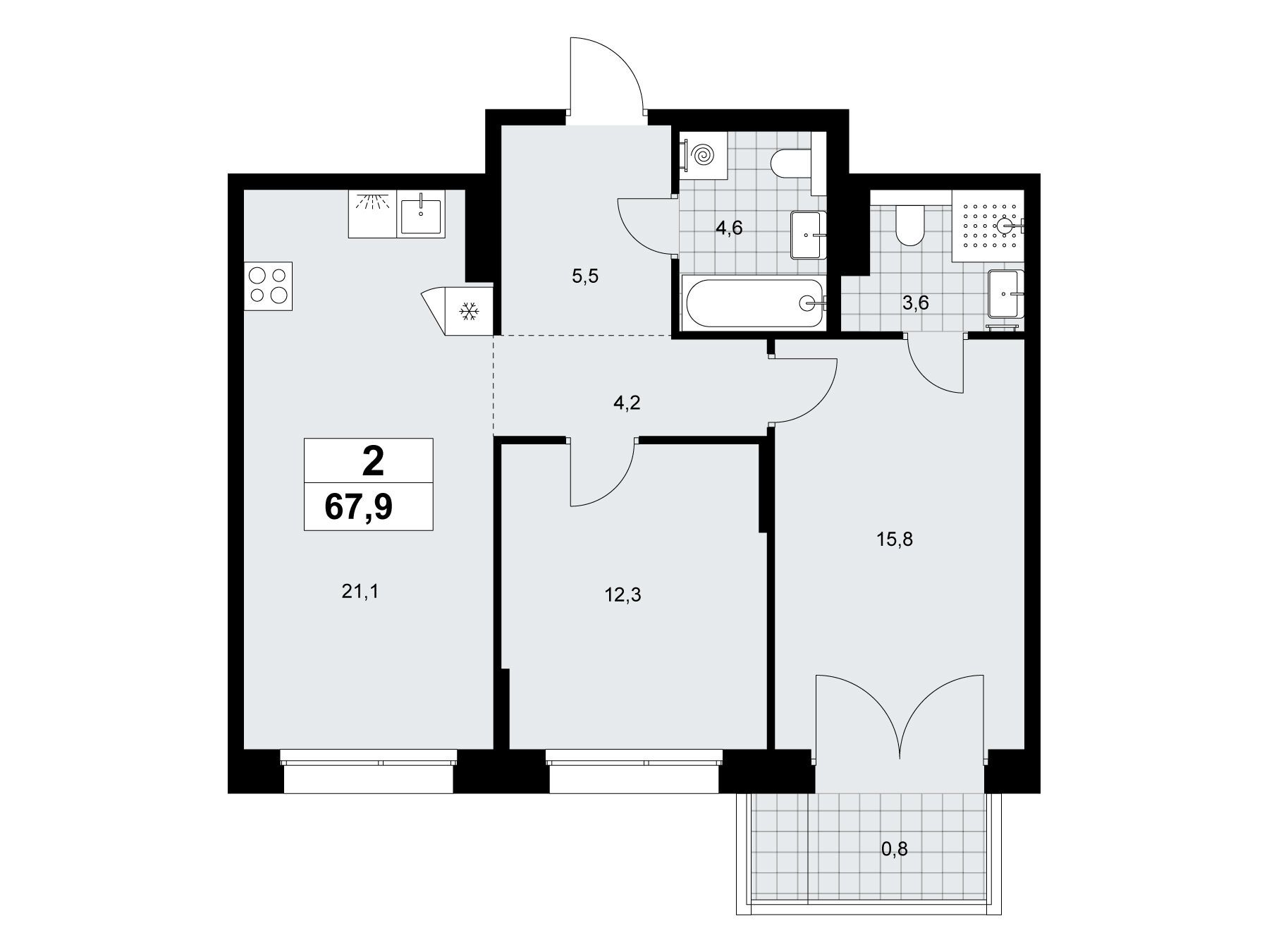 Планировка: 2-комн. квартира 67.90 м² в новостройке Хольм