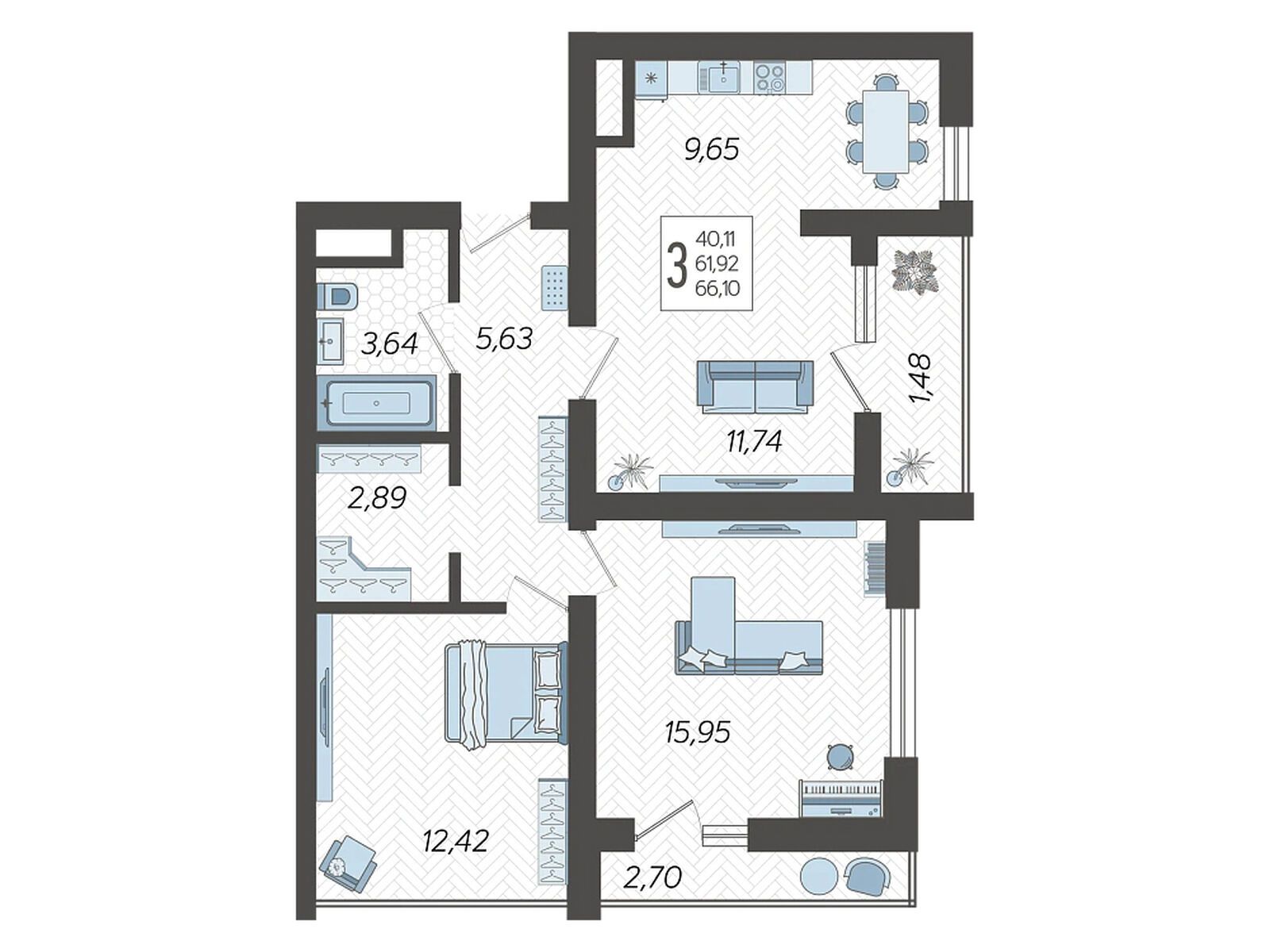 Планировка: 3-комн. квартира 66.10 м² в новостройке Кислород