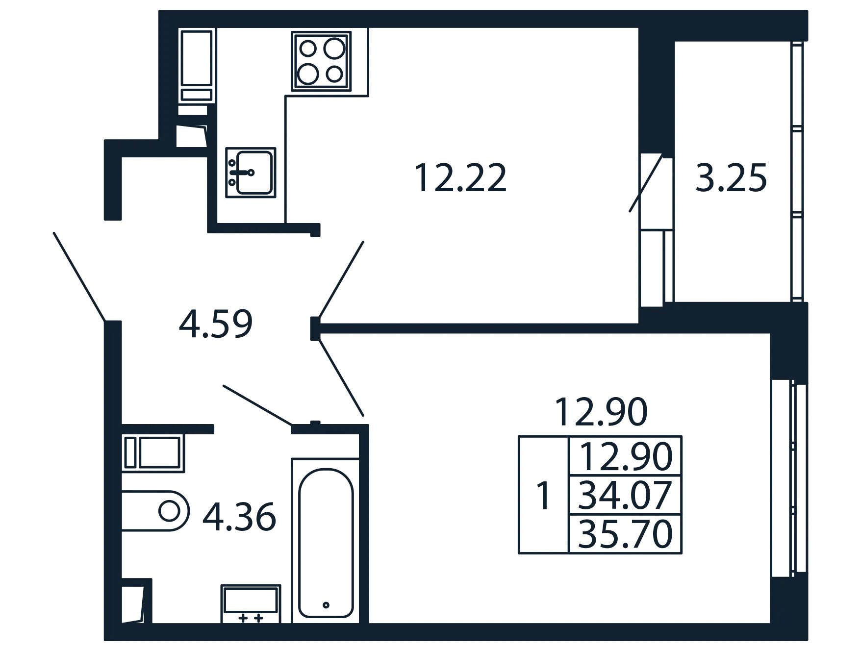 Планировка: 1-комн. квартира 33.90 м² в новостройке Полис Приморский 2