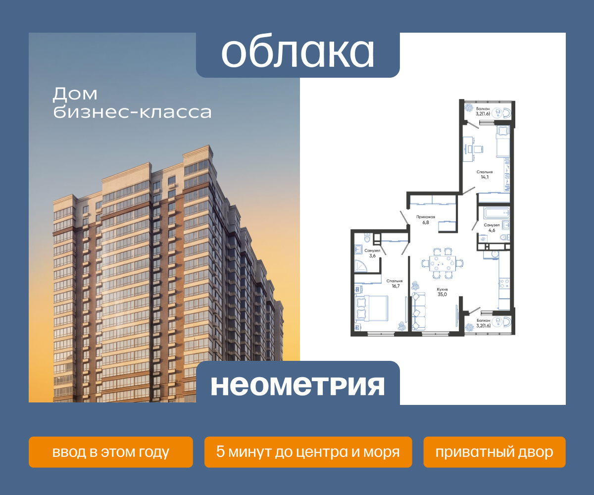 Планировка: 2-комн. квартира 84.00 м² в новостройке Облака