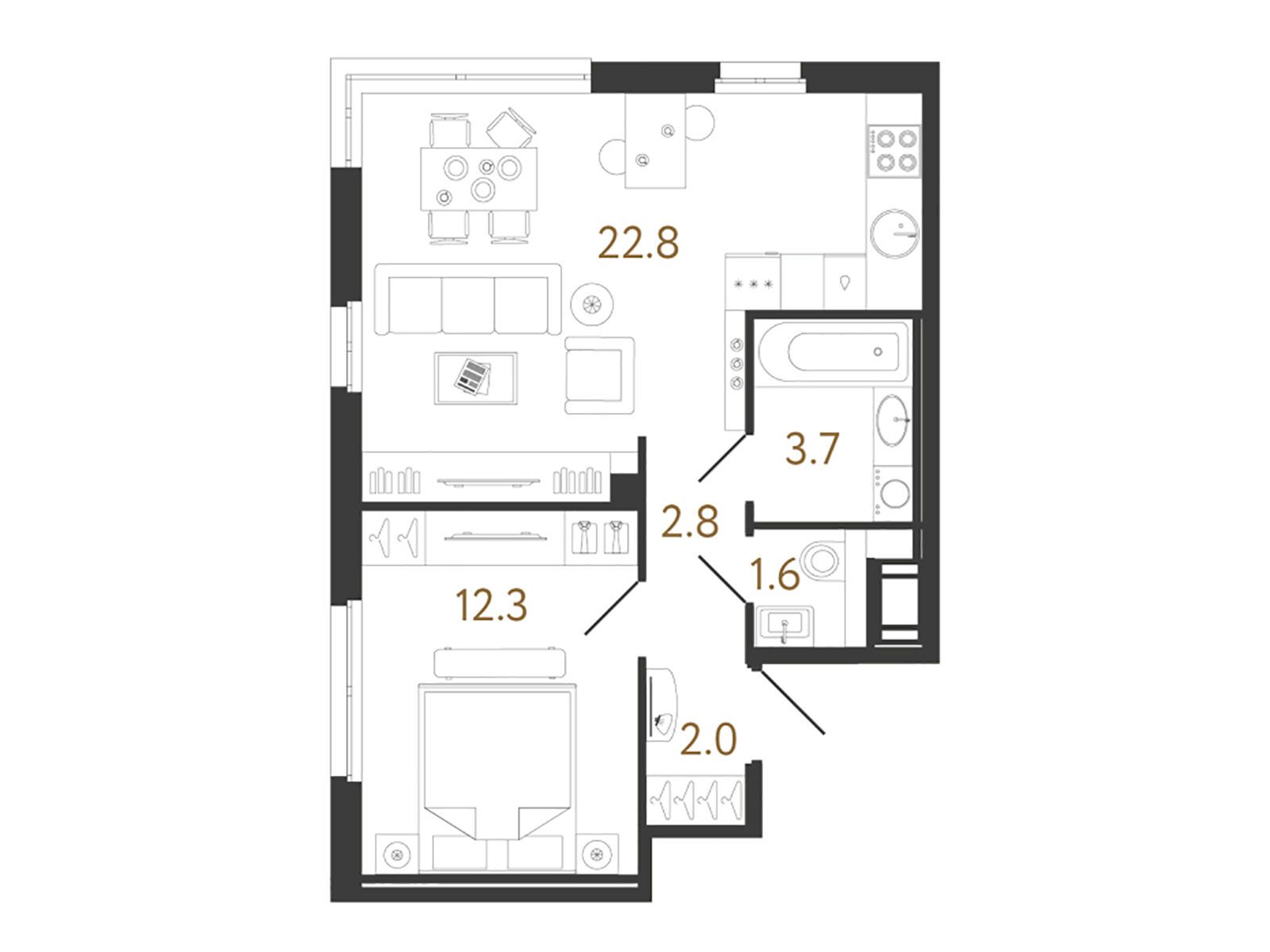 Планировка: 1-комн. квартира 45.10 м² в новостройке Литера