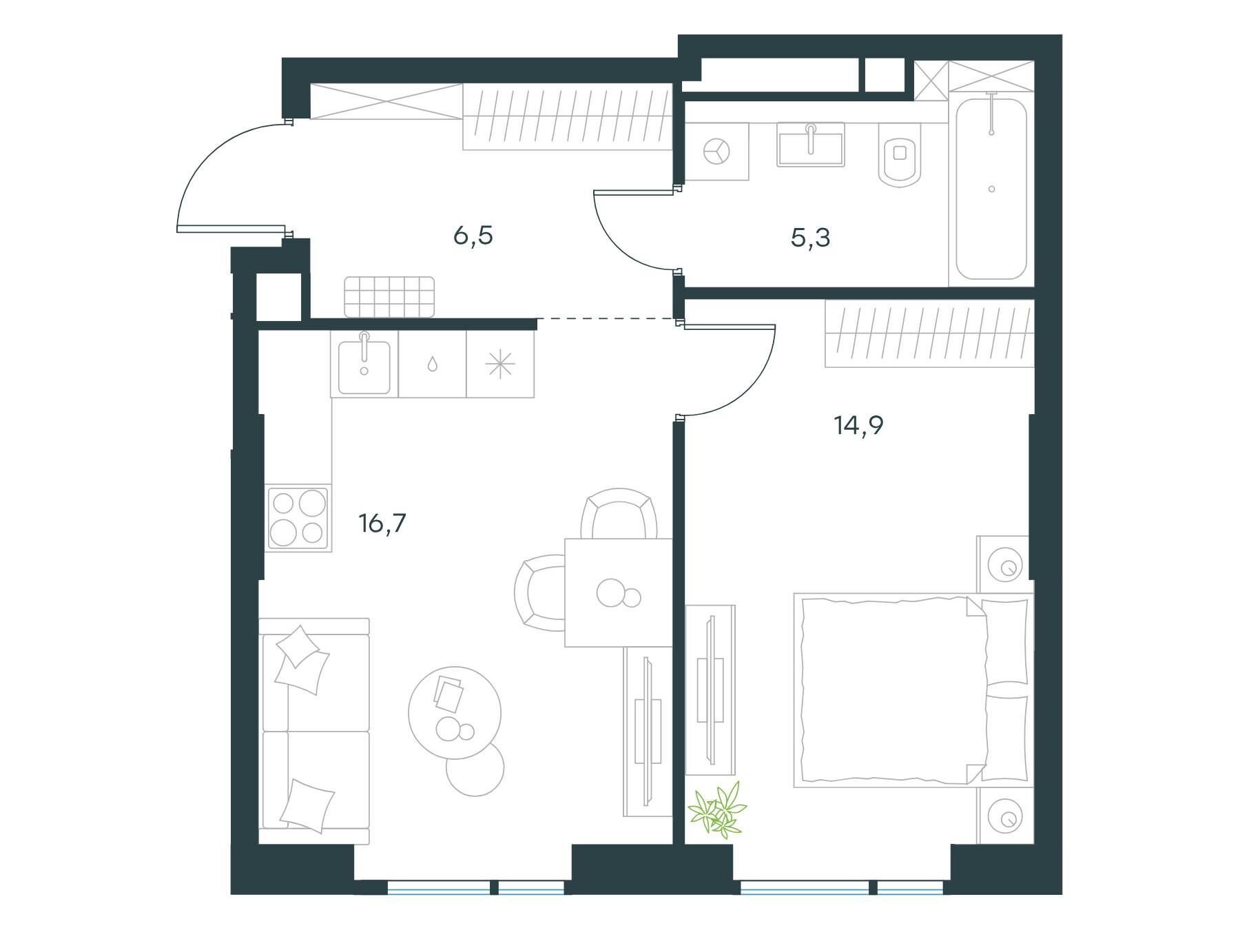 Планировка: 1-комн. квартира 43.40 м² в новостройке Левел Войковская