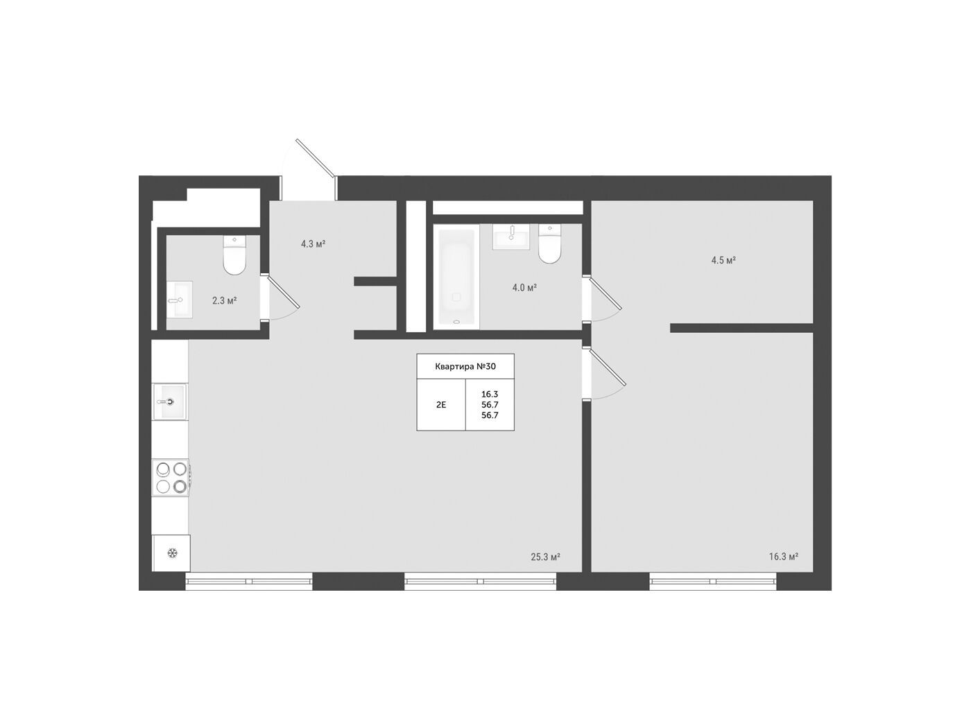 Планировка: 2-комн. квартира 56.70 м² в новостройке Яковлево