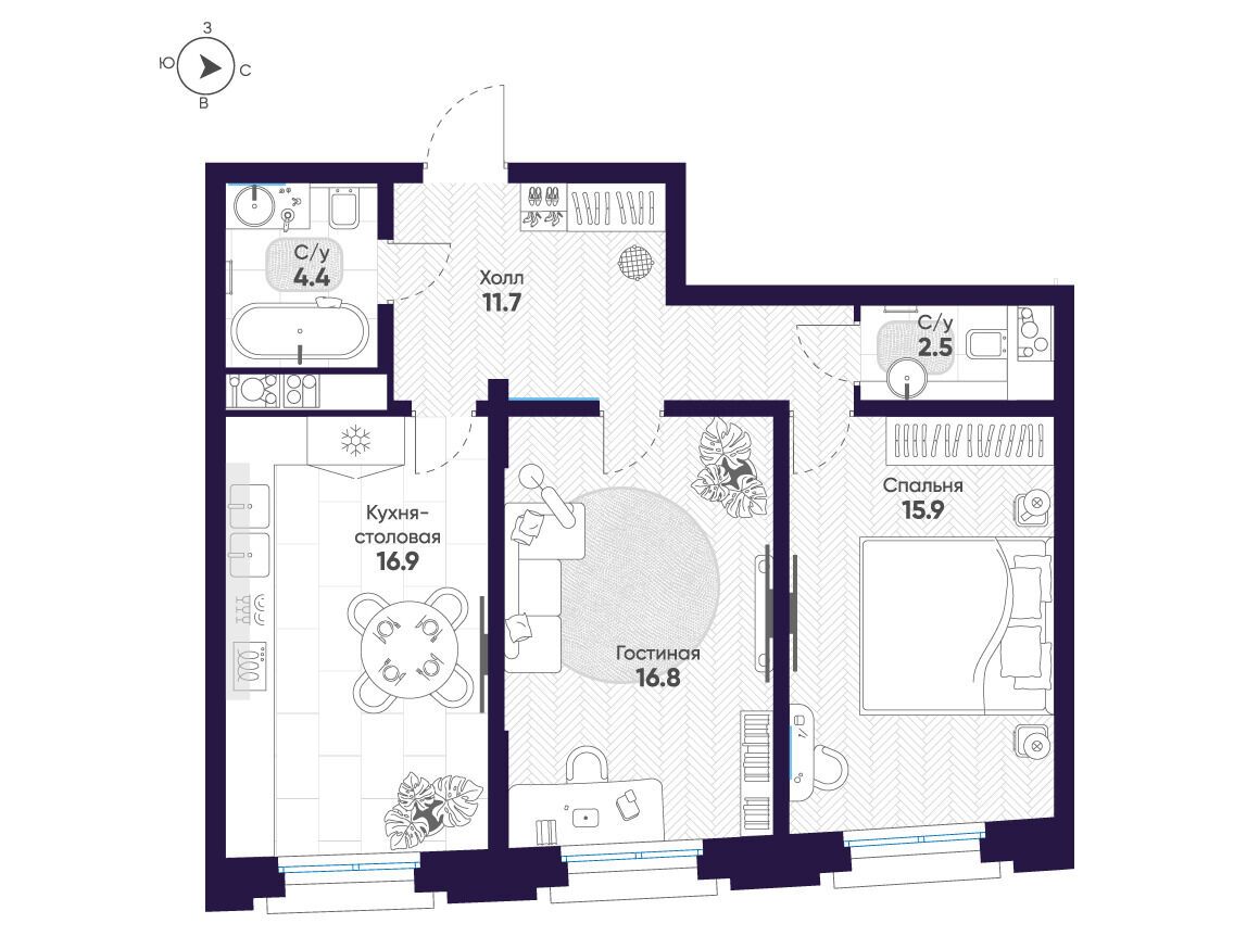 Планировка: 2-комн. квартира 68.20 м² в новостройке Мариинка Делюкс