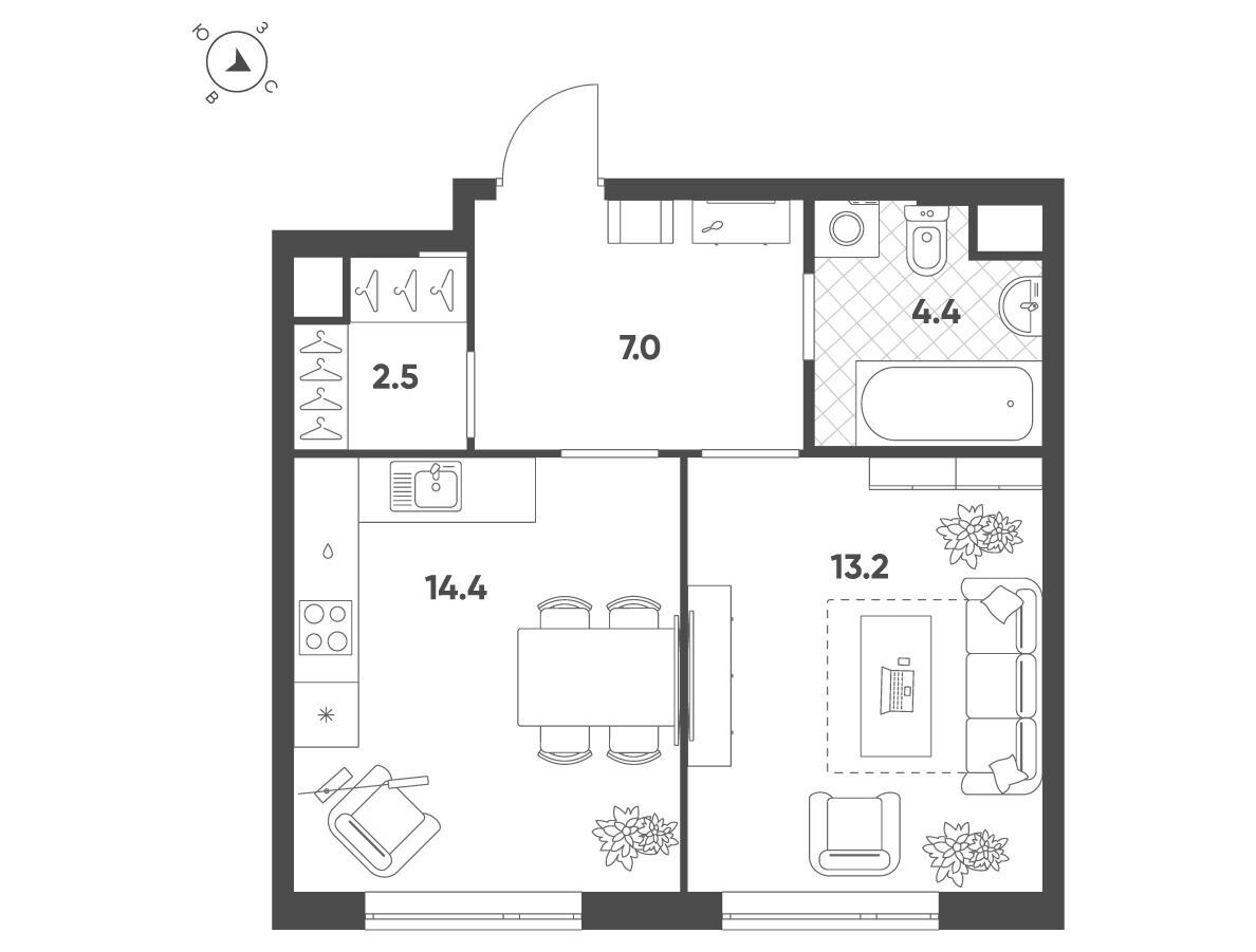 Планировка: 1-комн. квартира 41.40 м² в новостройке Воксхолл