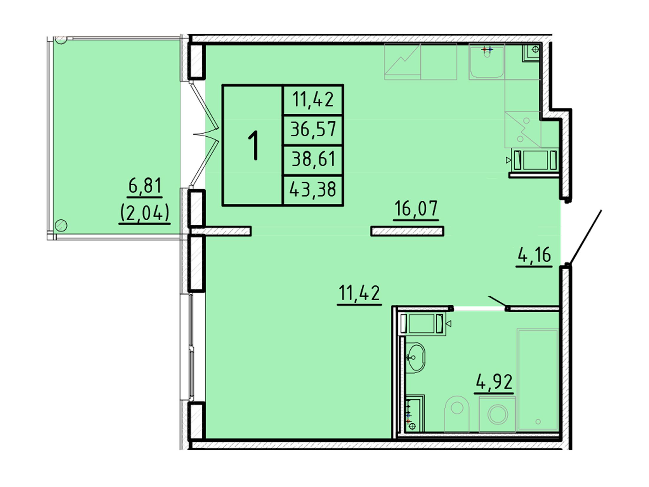 Планировка: 1-комн. квартира 36.57 м² в новостройке Образцовый квартал 16