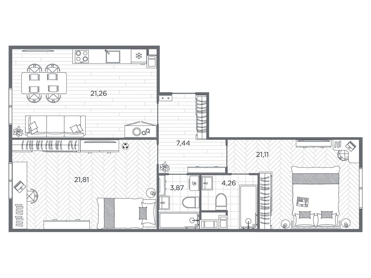Планировка: 2-комн. квартира 79.90 м² в новостройке Бакунина 33