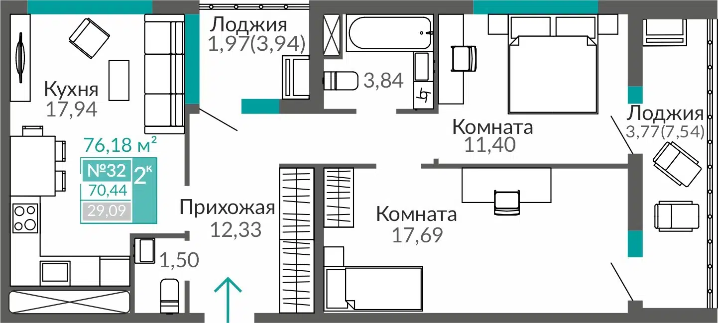 Планировка: 2-комн. квартира 70.44 м² в новостройке ЖК Горизонты-3