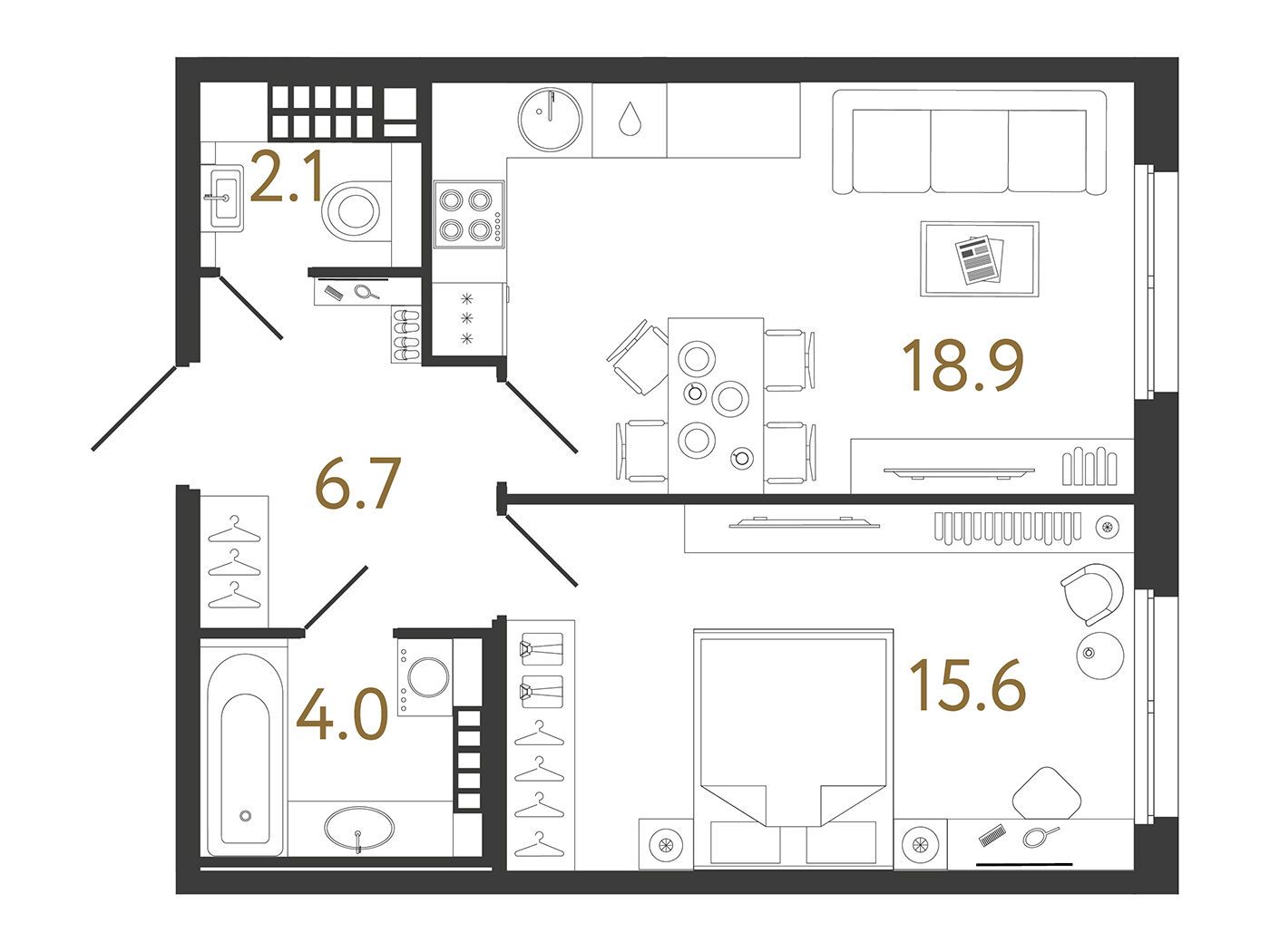 Планировка: 1-комн. квартира 47.30 м² в новостройке Визионер