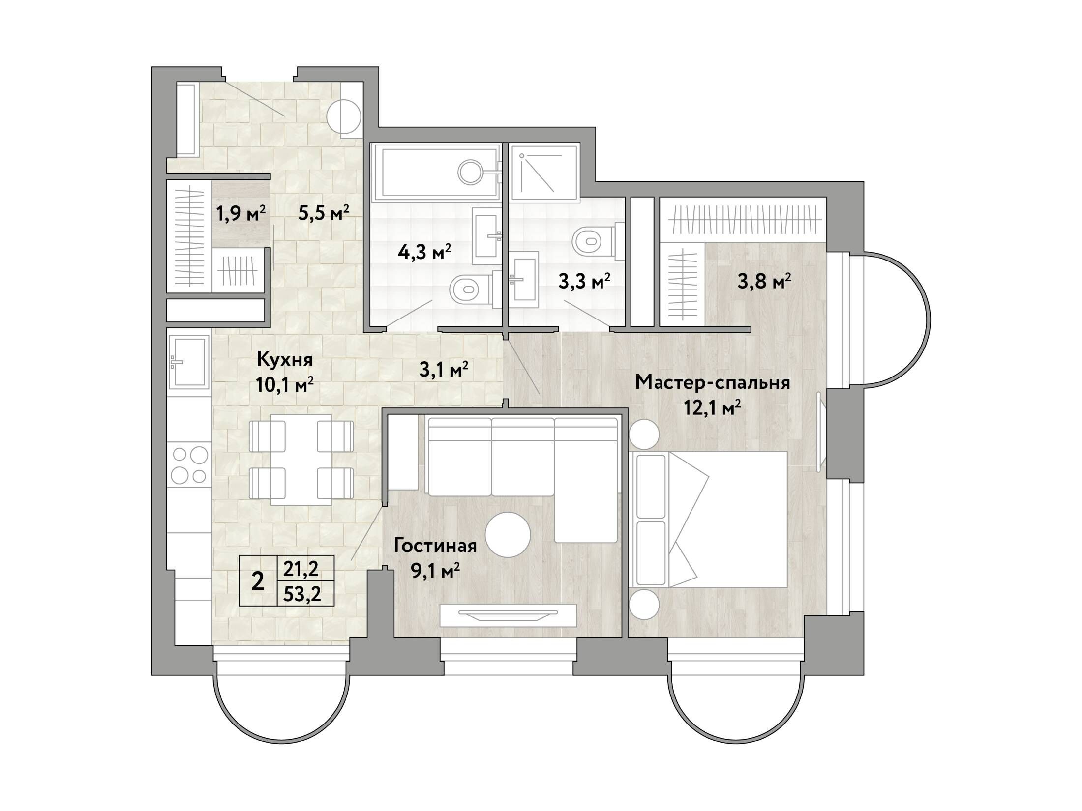 Планировка: 2-комн. квартира 53.20 м² в новостройке Новые смыслы