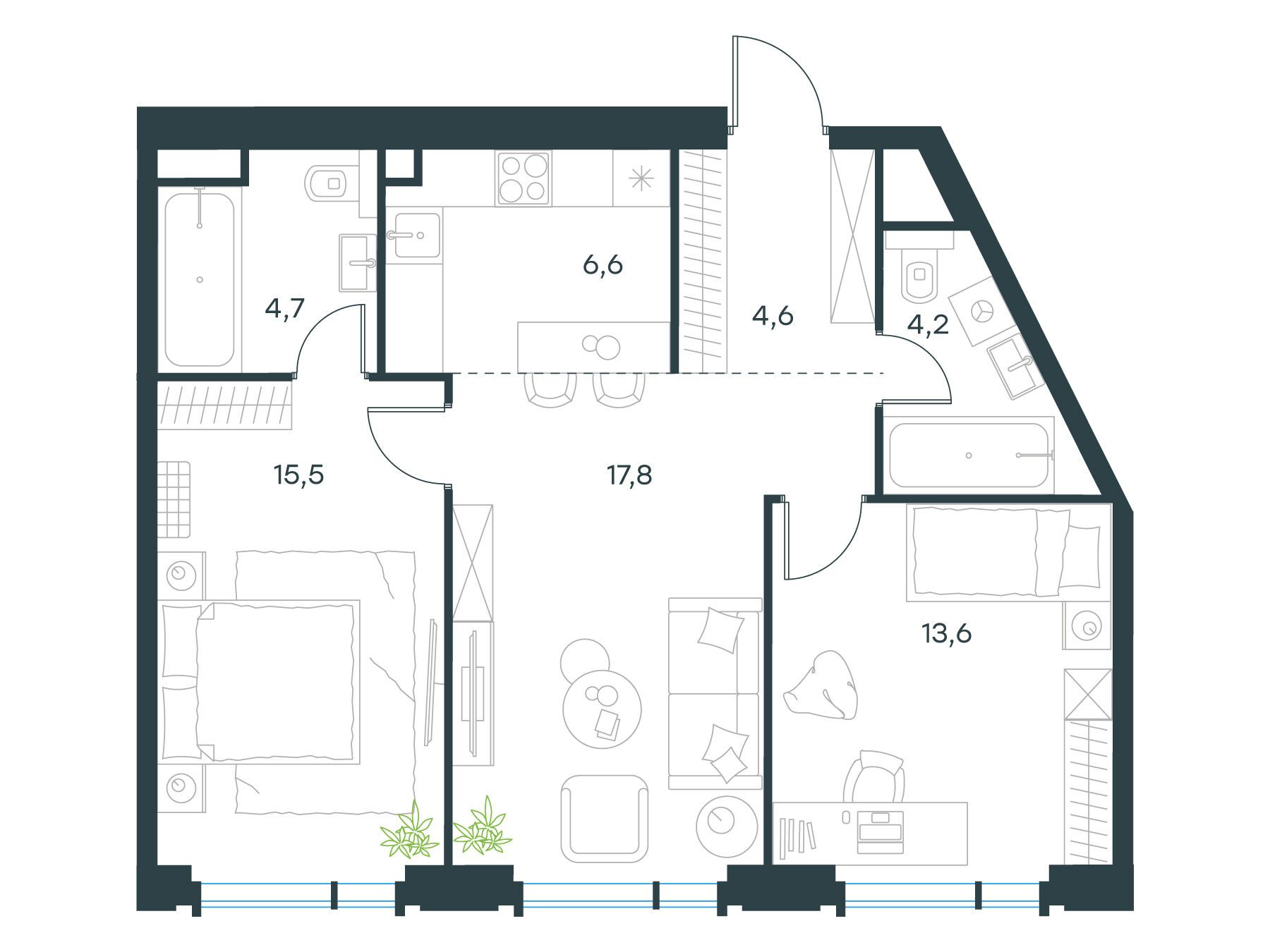 Планировка: 3-комн. квартира 67.00 м² в новостройке ЖК Левел Академическая