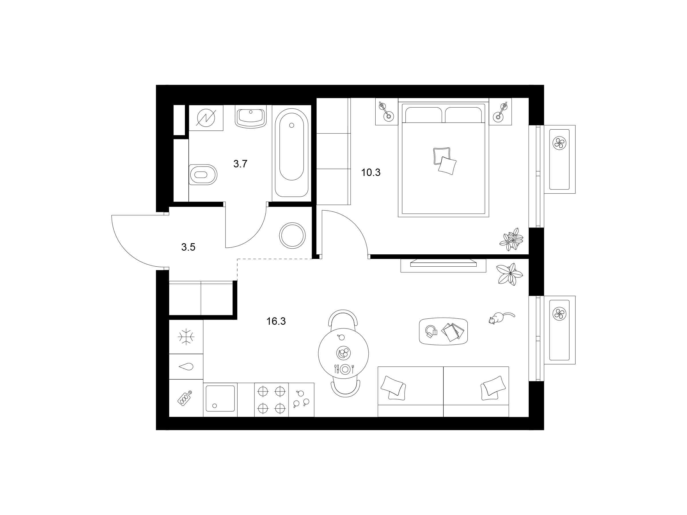 Планировка: 1-комн. квартира 33.80 м² в новостройке Ярославский