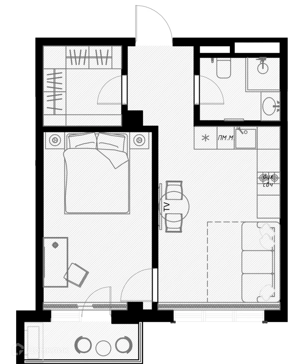 Планировка: Студия 44.70 м² в новостройке Оливия