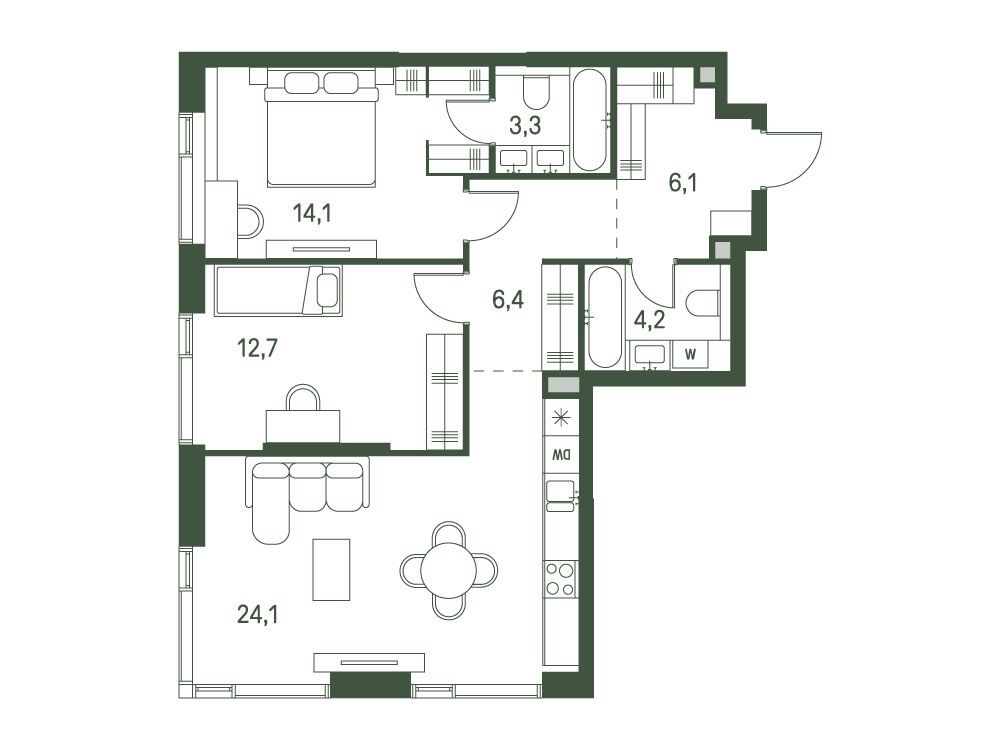Планировка: 2-комн. квартира 70.90 м² в новостройке ЖК Моментс