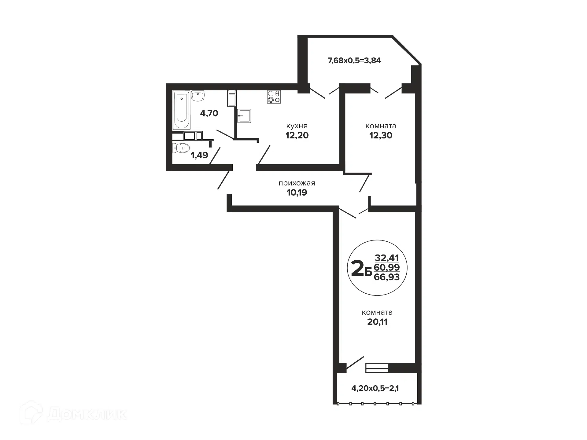 Планировка: 2-комн. квартира 66.93 м² в новостройке Гулливер
