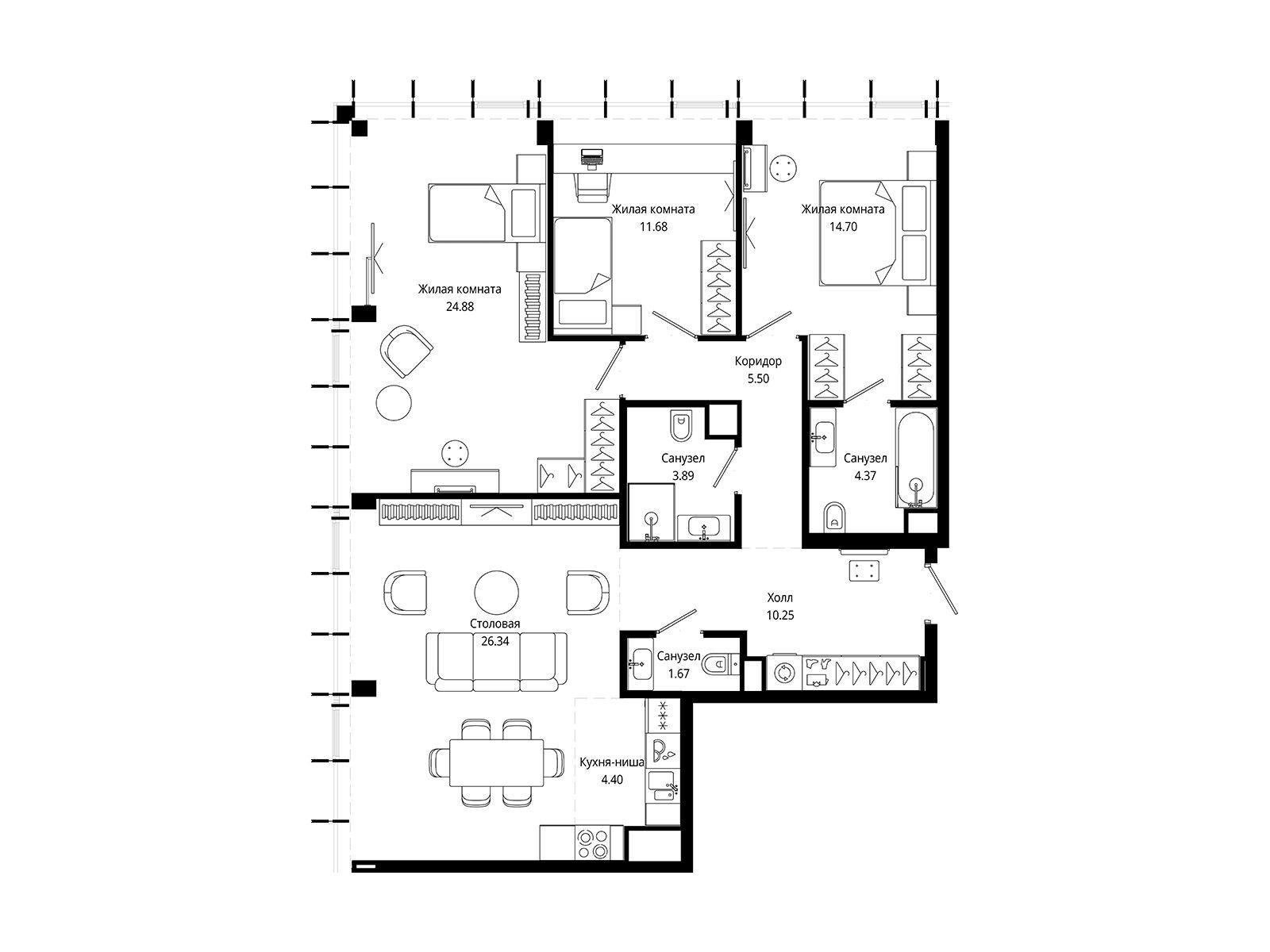Планировка: 3-комн. квартира 106.90 м² в новостройке Мод