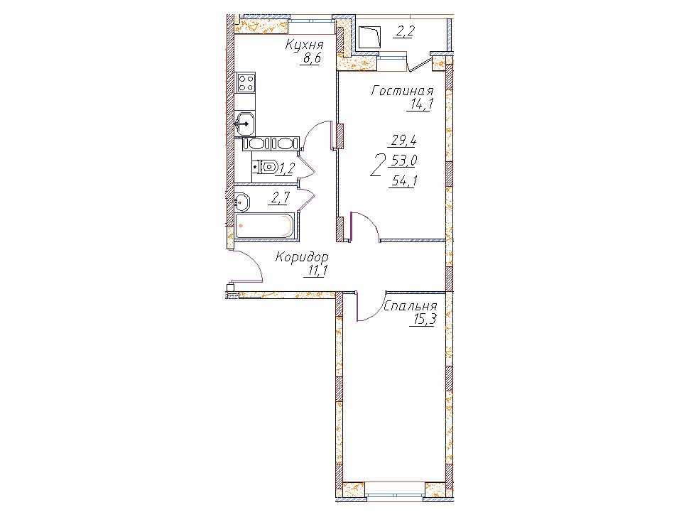 Планировка: 2-комн. квартира 54.30 м² в новостройке Полет-Купавна