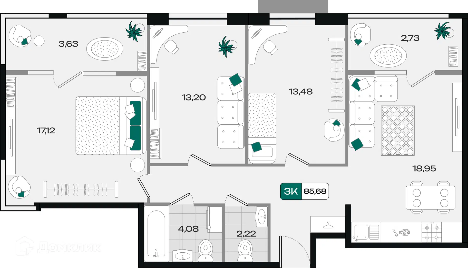 Планировка: 3-комн. квартира 85.40 м² в новостройке Народные Кварталы