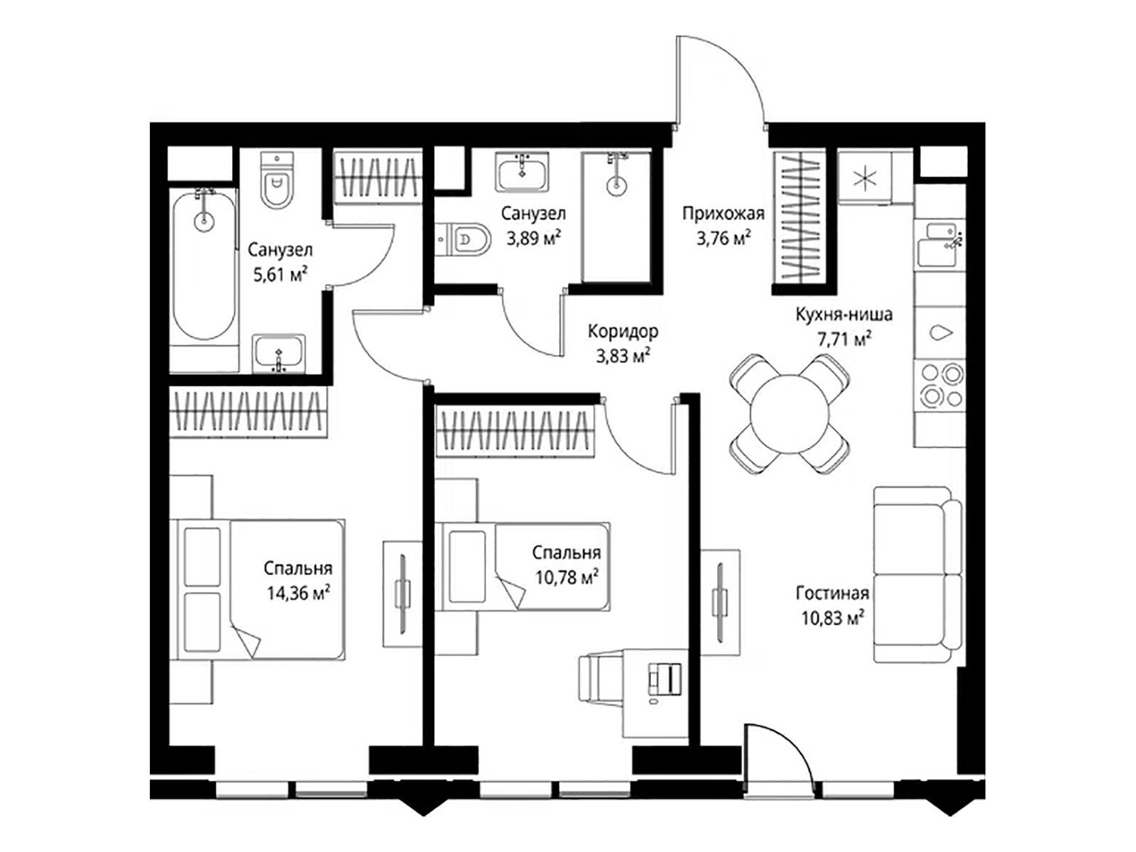 Планировка: 2-комн. квартира 60.77 м² в новостройке Джойс