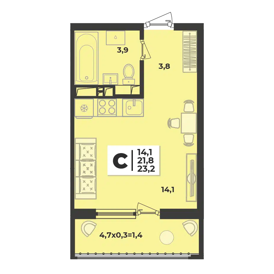 Планировка: Студия 23.20 м² в новостройке Лето