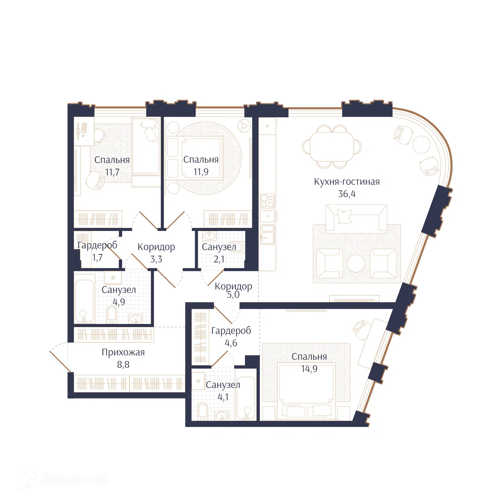 Планировка: 3-комн. квартира 109.40 м² в новостройке Брют Резиденс