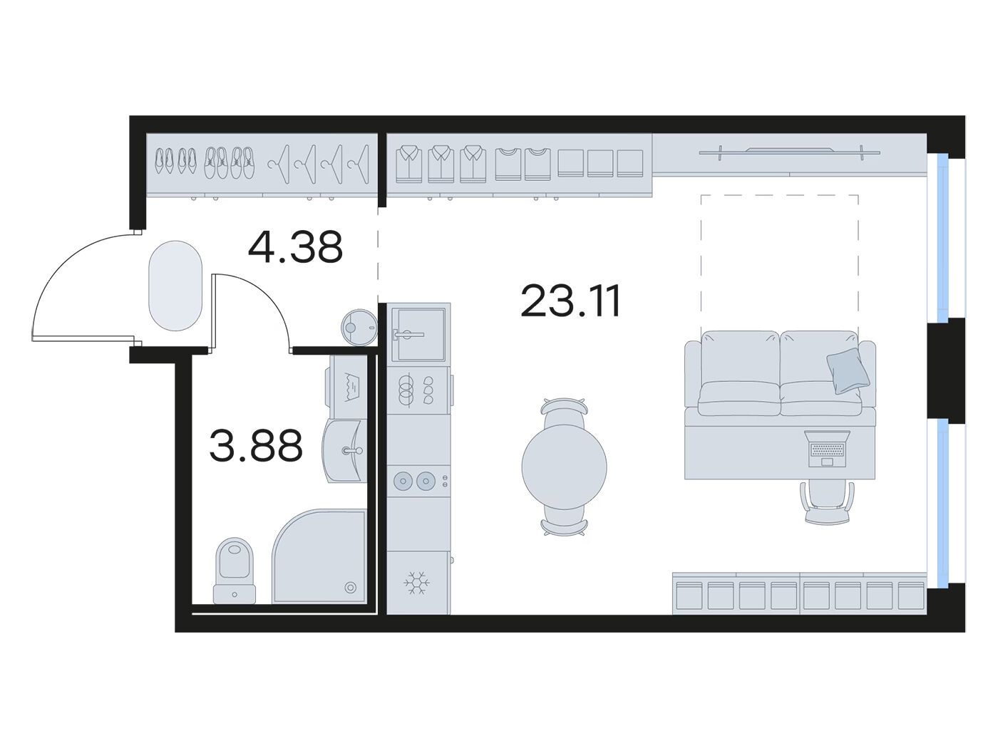Планировка: Студия 31.70 м² в новостройке Глоракс Парголово