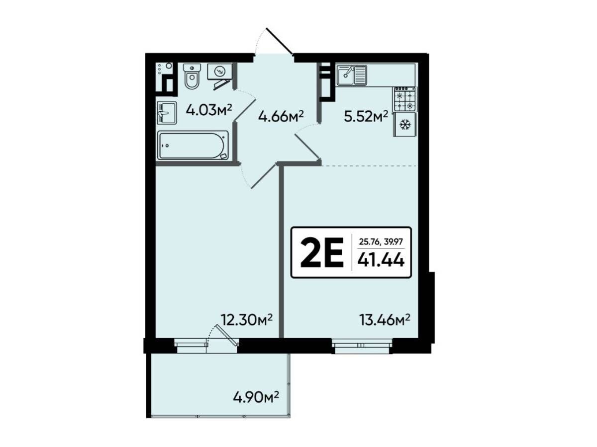 Планировка: 2-комн. квартира 41.44 м² в новостройке Северный Квартал
