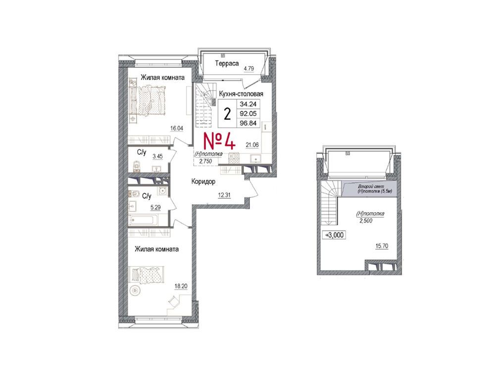 Планировка: 2-комн. квартира 92.92 м² в новостройке Арт