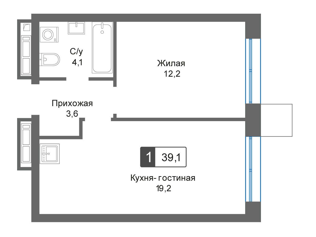 Планировка: 1-комн. квартира 39.10 м² в новостройке Отрада