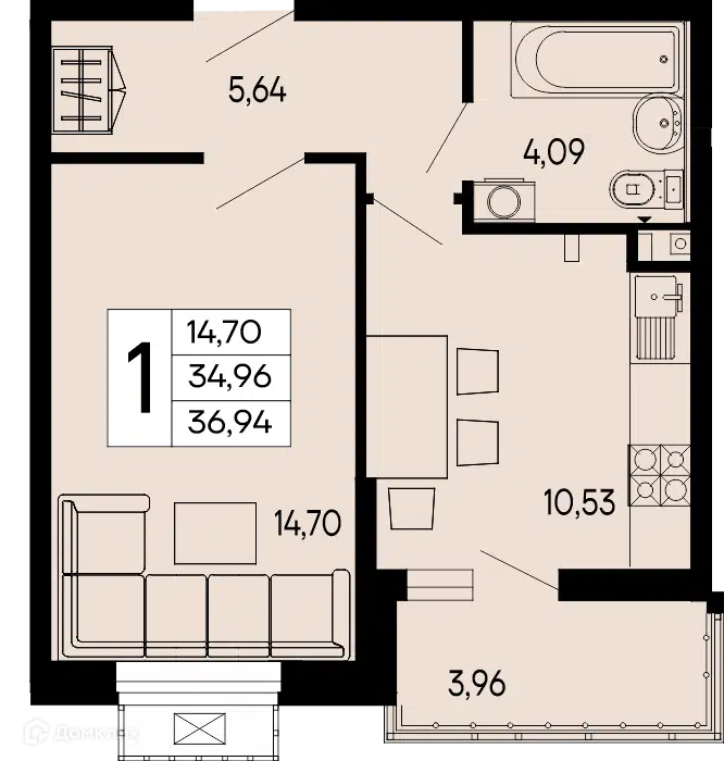 Планировка: 1-комн. квартира 36.94 м² в новостройке Эпос