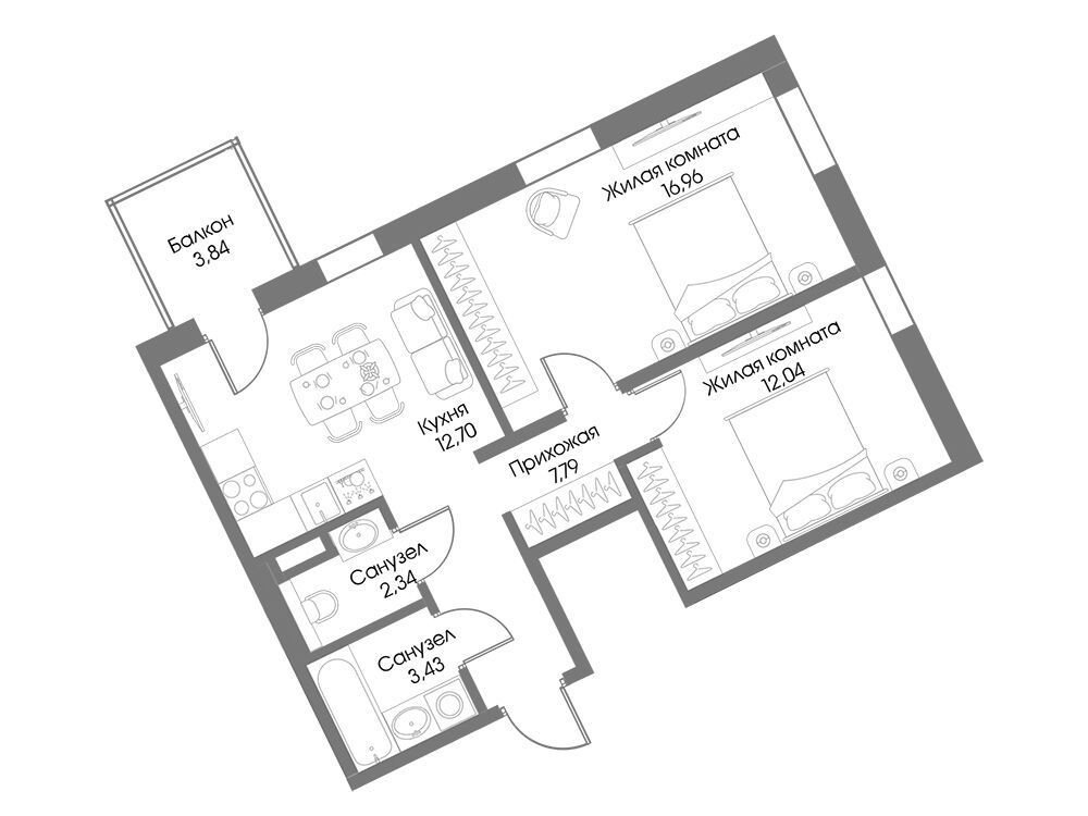 Планировка: 2-комн. квартира 56.41 м² в новостройке Резиденция Рощино