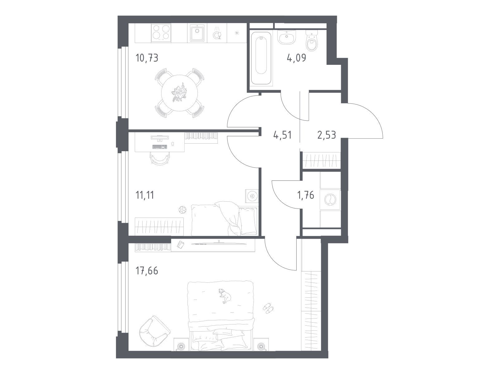 Планировка: 2-комн. квартира 52.39 м² в новостройке Космический квартал