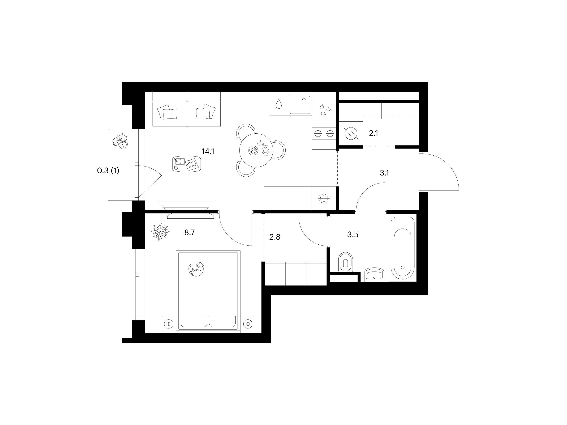 Планировка: 1-комн. квартира 34.60 м² в новостройке Середневский лес