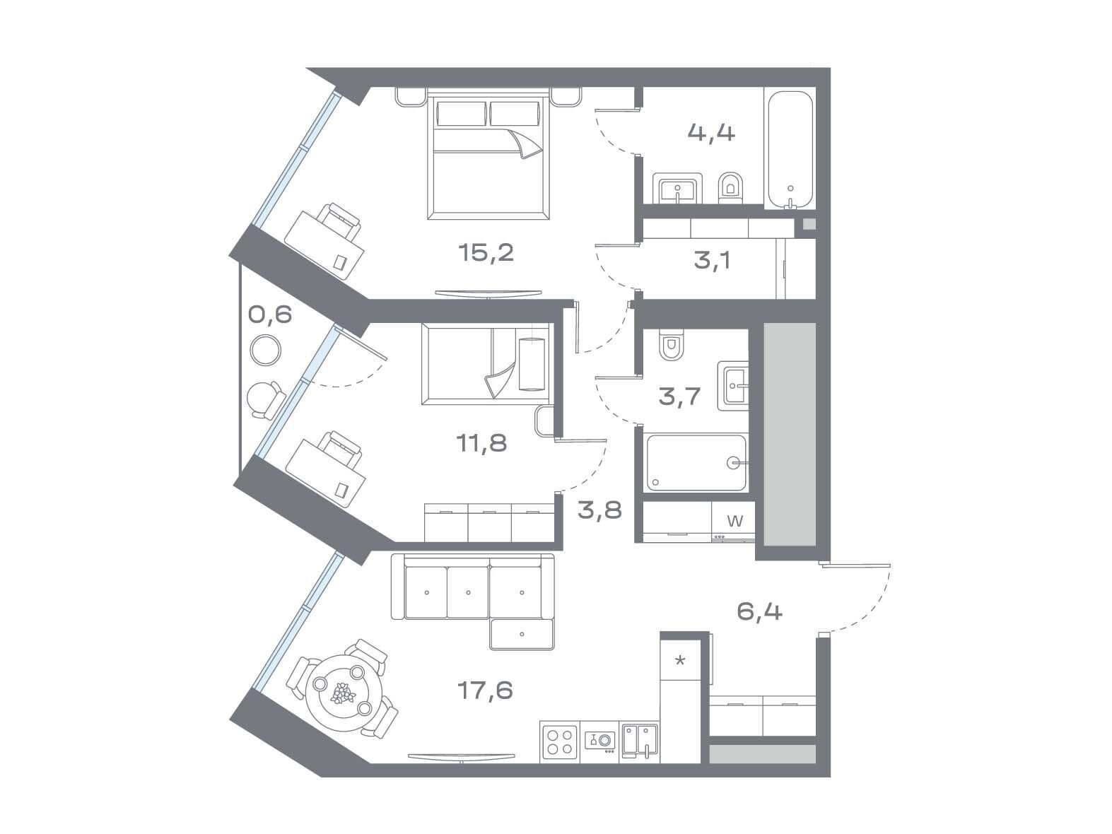 Планировка: 2-комн. квартира 66.57 м² в новостройке Дом Горизонтов