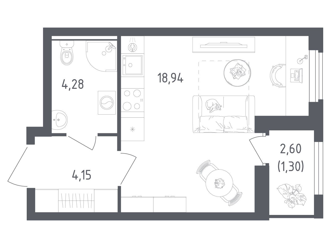 Планировка: Студия 28.67 м² в новостройке Южная Нева