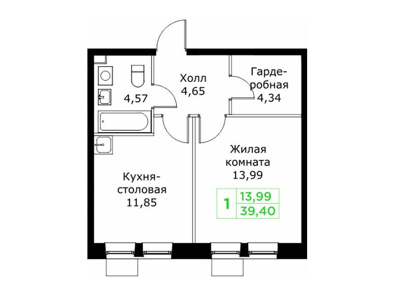 Планировка: 1-комнатная квартира 39.50 м² в новостройке Кит 2