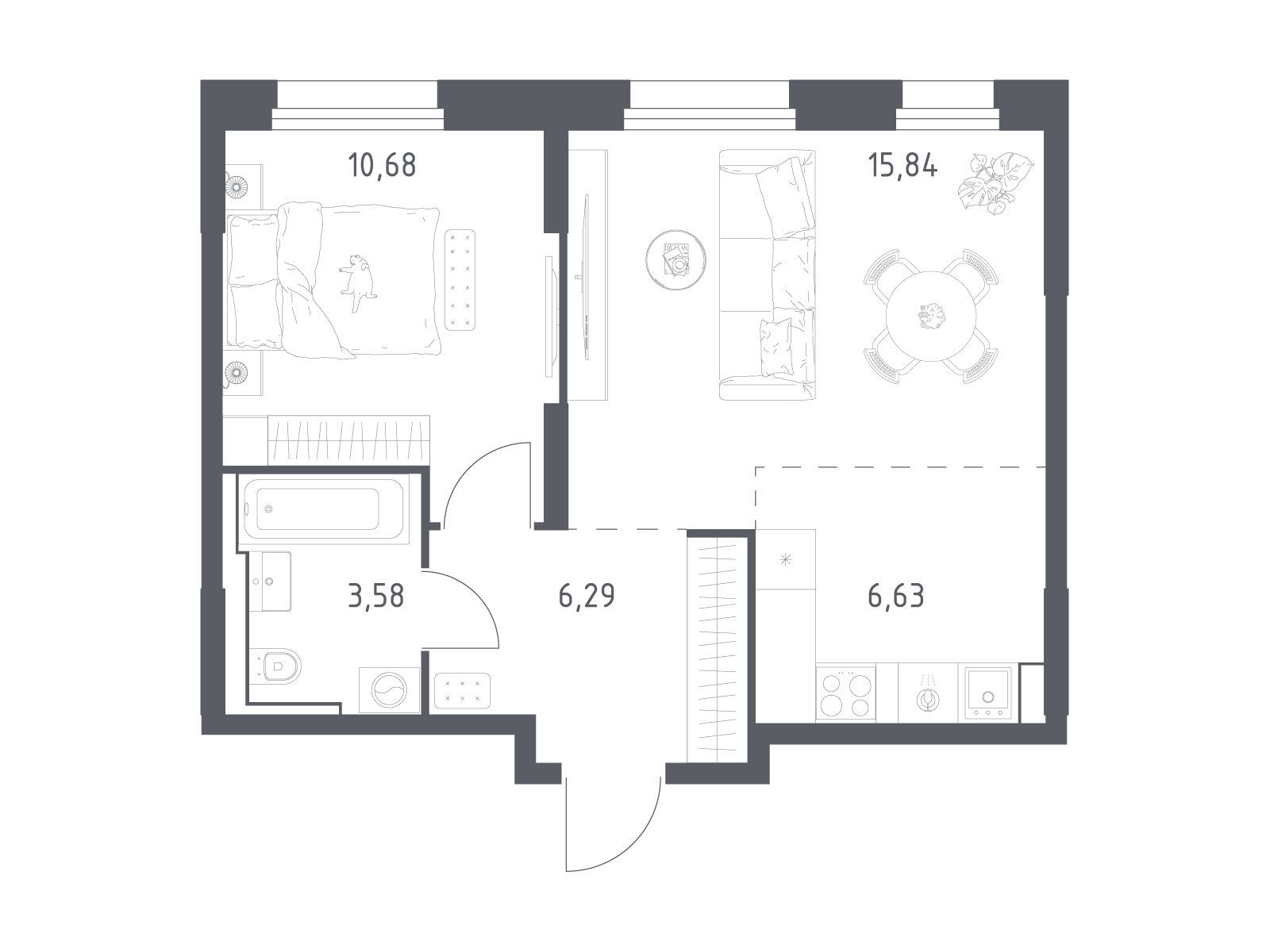 Планировка: 1-комн. квартира 43.02 м² в новостройке Квартал Строгино