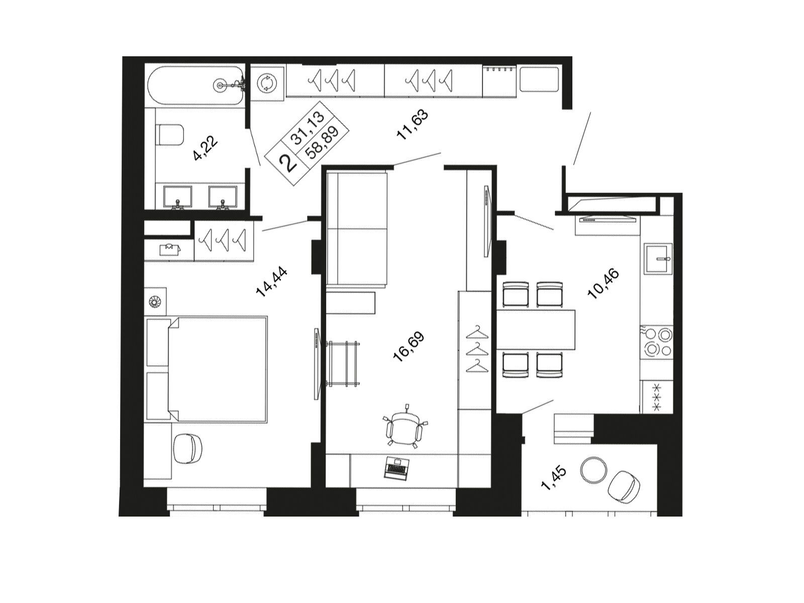 Планировка: 2-комн. квартира 57.40 м² в новостройке Времена года