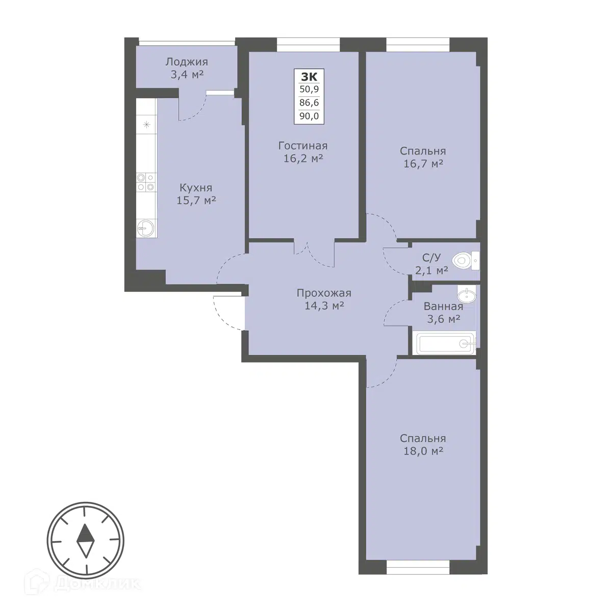 Планировка: 3-комн. квартира 90.00 м² в новостройке Пионер