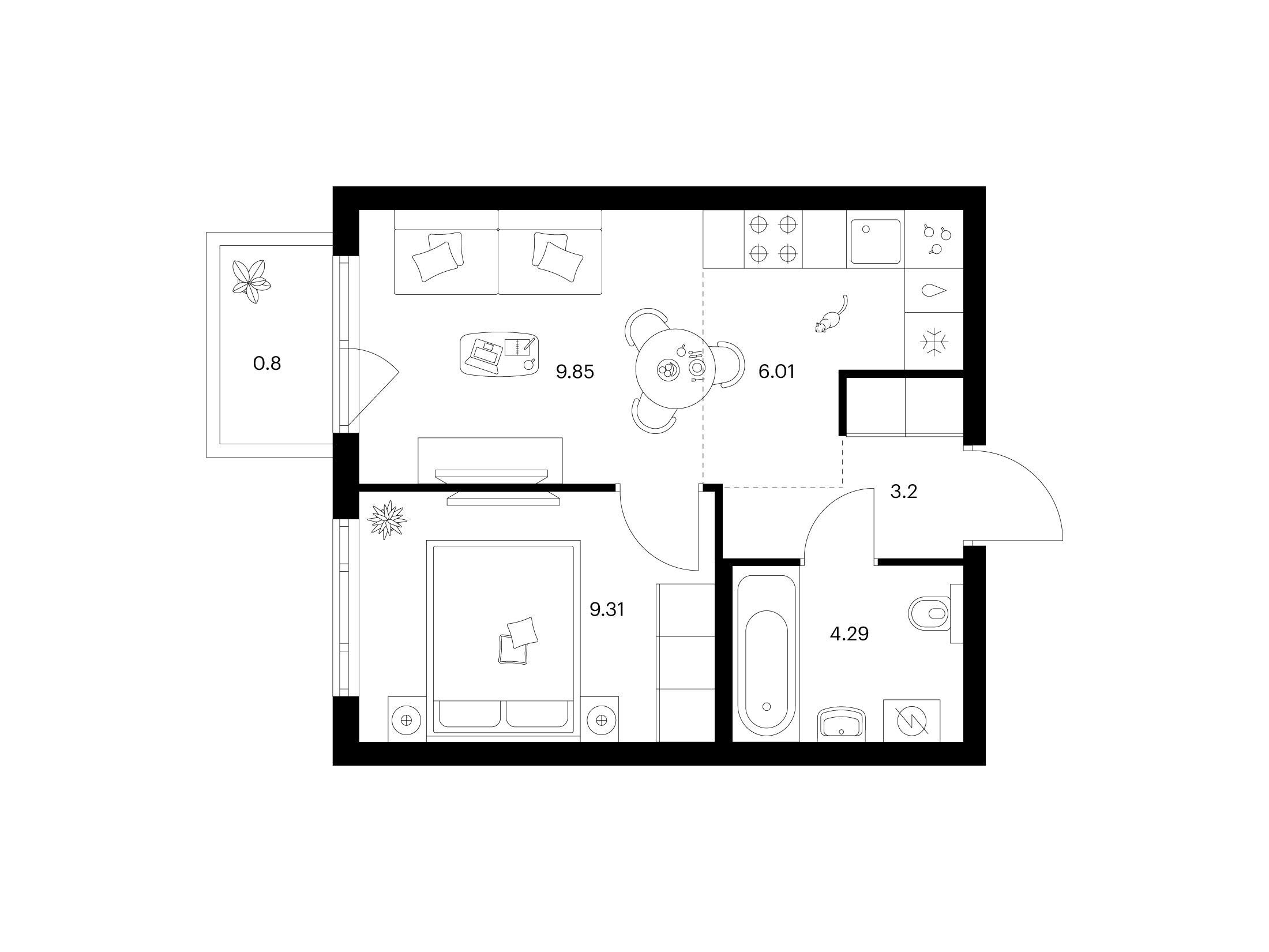 Планировка: 1-комн. квартира 33.46 м² в новостройке Таллинский парк