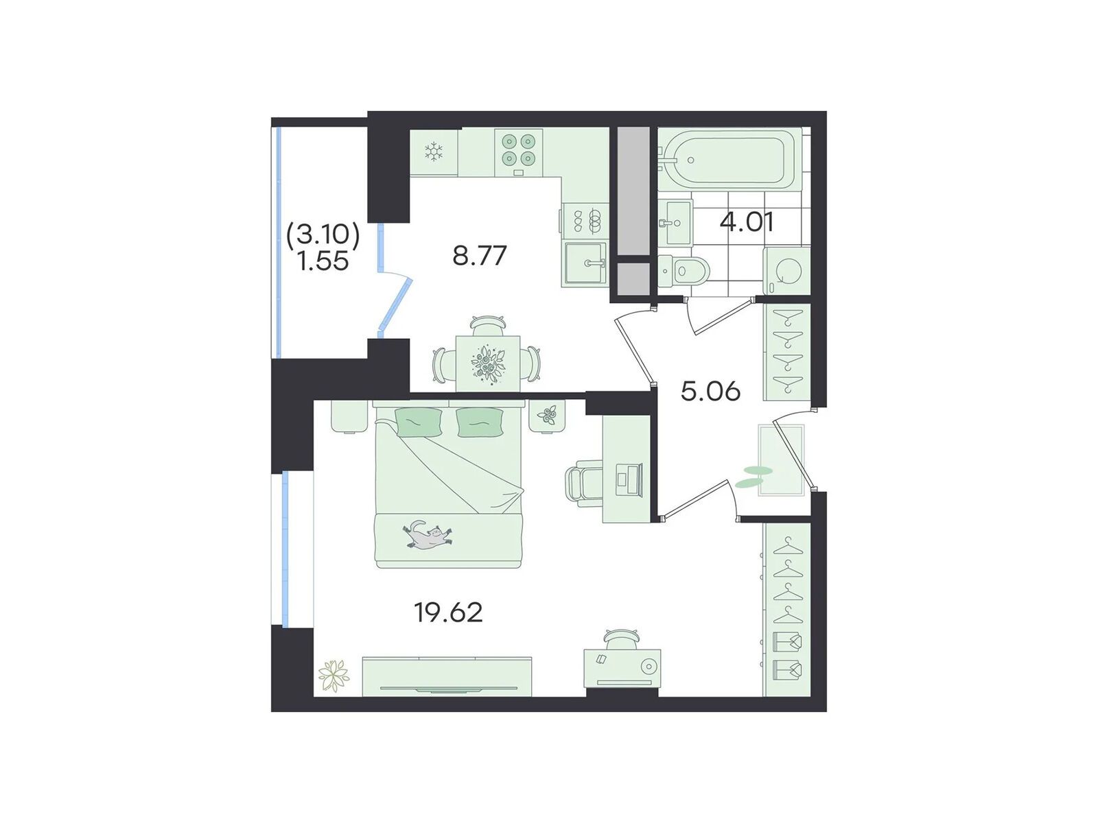 Планировка: 1-комн. квартира 39.01 м² в новостройке ЖК Джи Три Новый Весенний