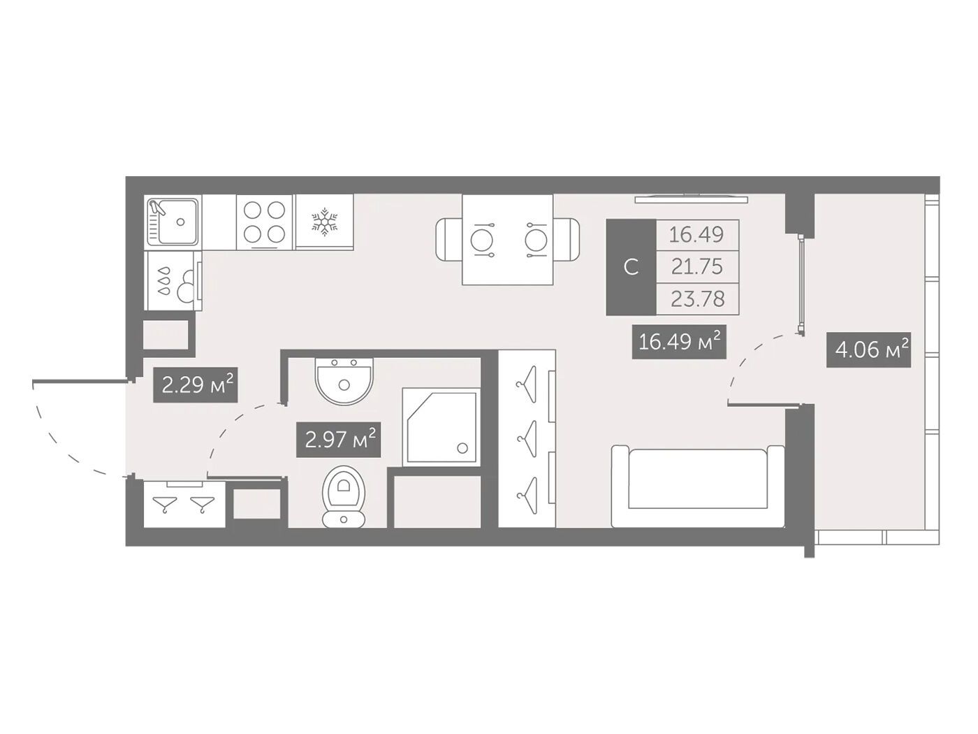 Планировка: Студия 23.78 м² в новостройке Новый Московский