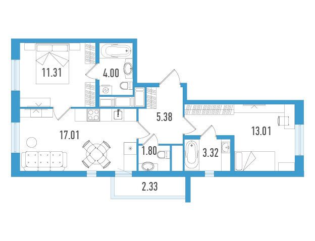 Планировка: 2-комн. квартира 56.53 м² в новостройке ЖК Южный форт
