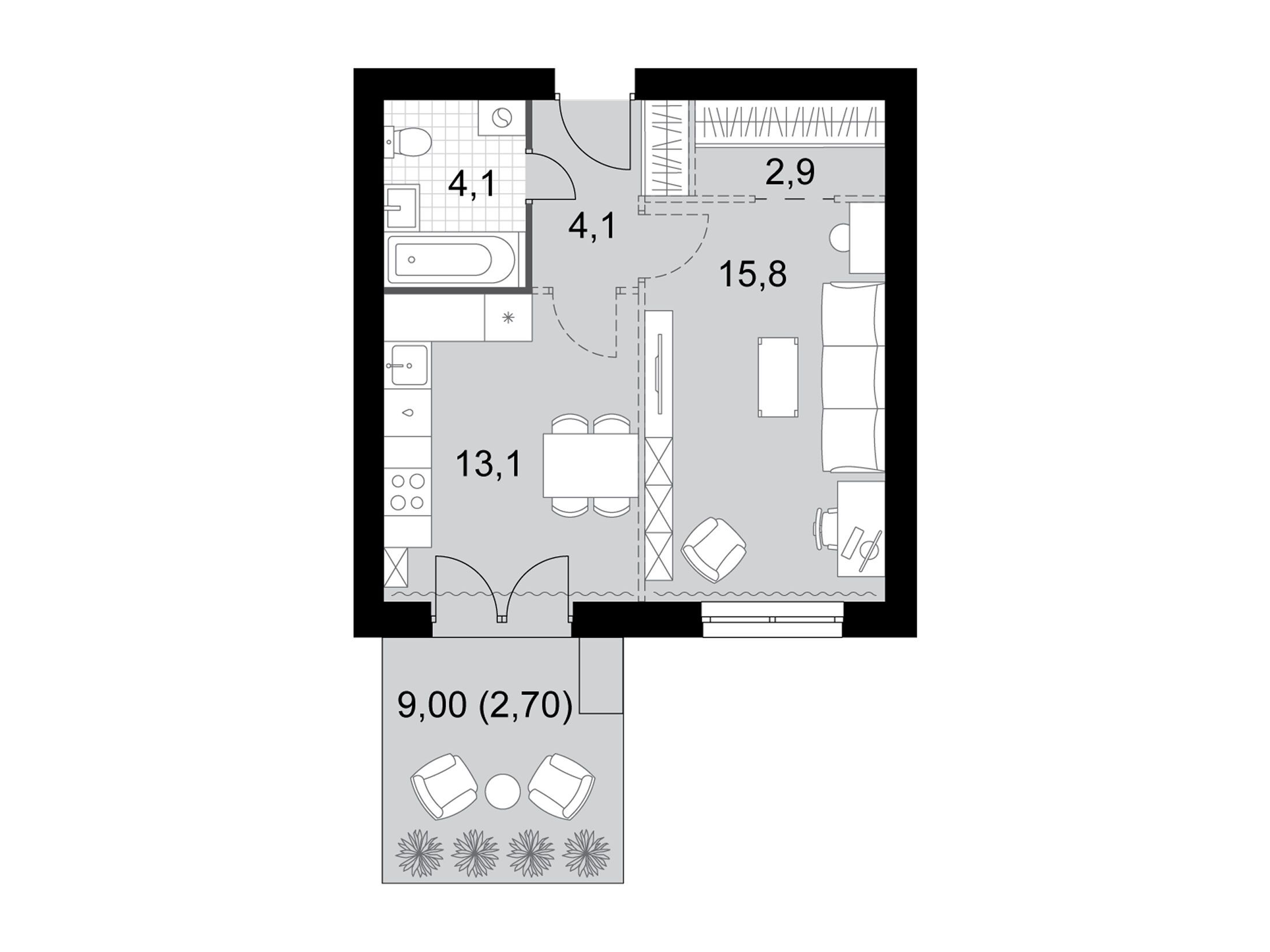 Планировка: 1-комн. квартира 42.70 м² в новостройке ЖК Дубровицы клаб