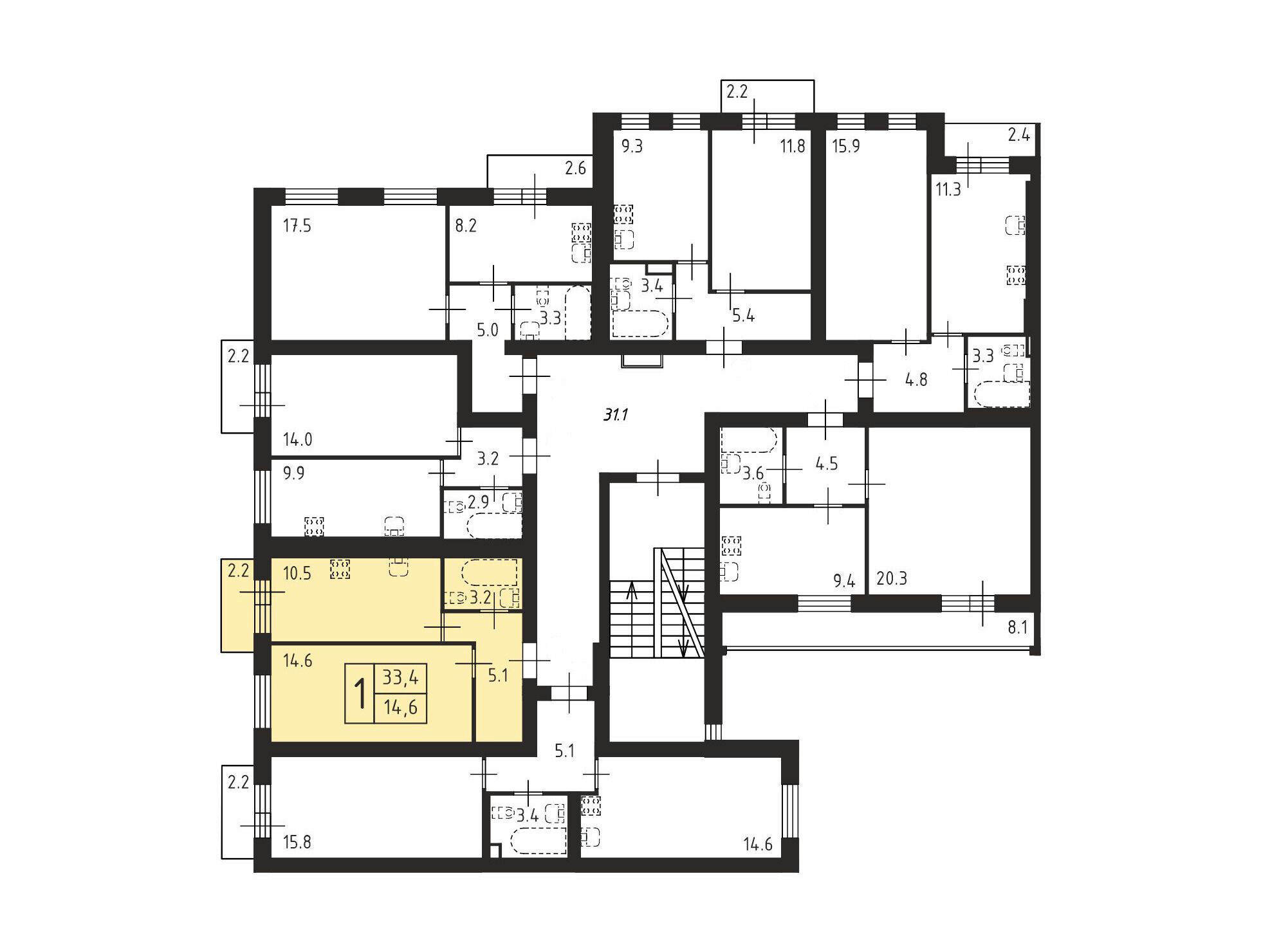 Планировка: 1-комн. квартира 33.40 м² в новостройке Щегловская усадьба