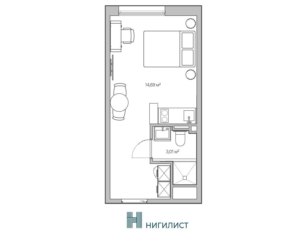 Планировка: 1-комн. квартира 17.81 м² в новостройке Нигилист